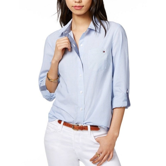 Tommy Hilfiger Women’s Cotton Pinstripe Button Down Shirt Blue Size Xl - Picture 1 of 10